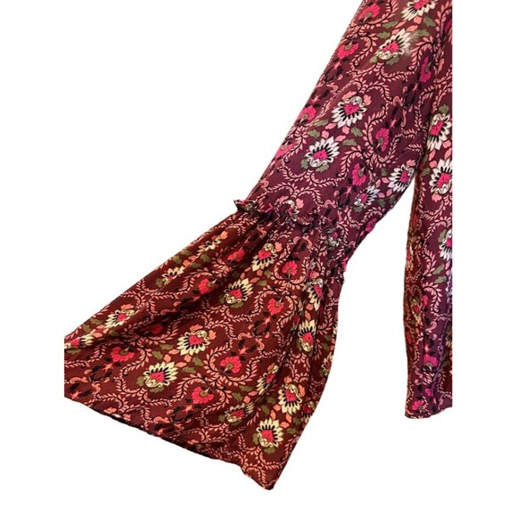 GB Floral Print Long Sleeve Blouse‎ Size Large With Tie Neck & Ruffled Cuffs - Picture 4 of 8